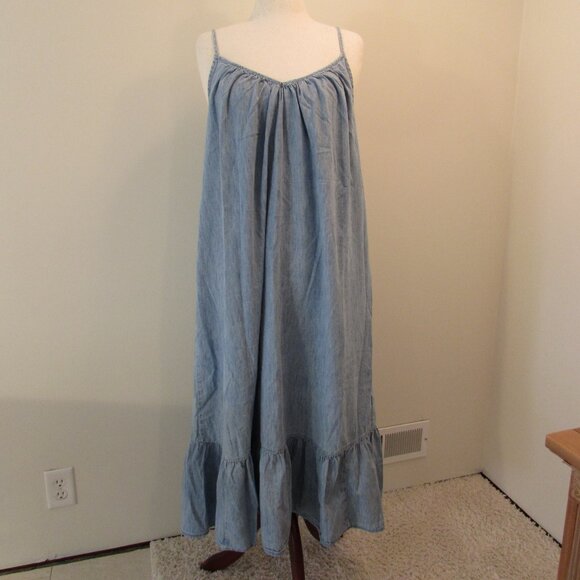 GAP Cotton Spaghetti Strap Tiered Hem Light Indigo Maxi Dress Oversized Medium - Picture 2 of 15